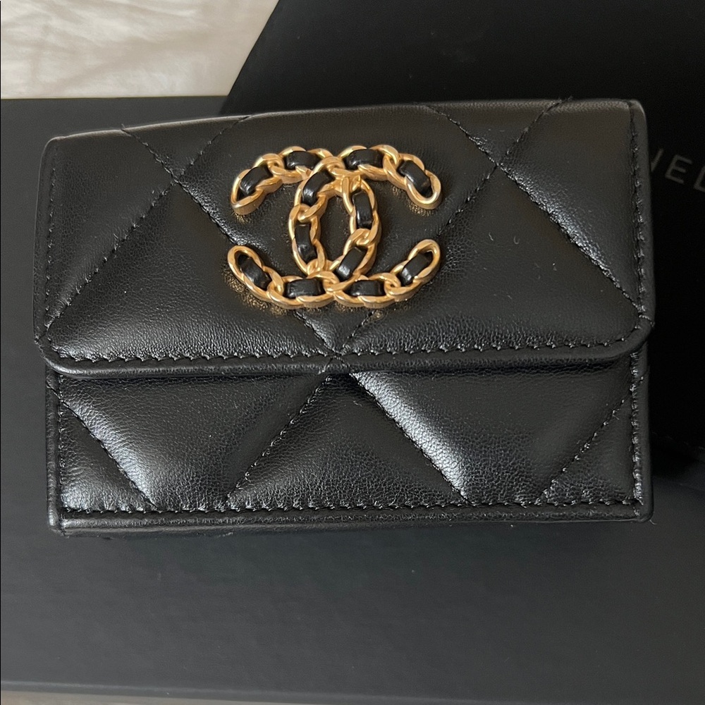 Chanel Black Leather Wallet with Gold Chain Logo